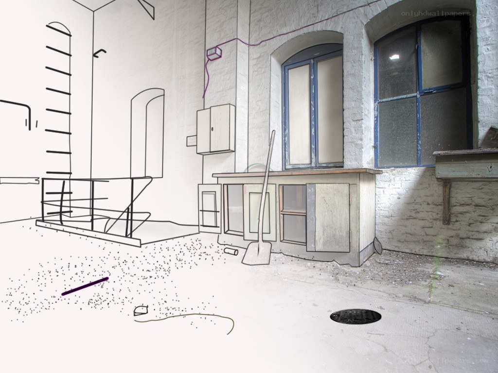 abandoned room with sketch overlay