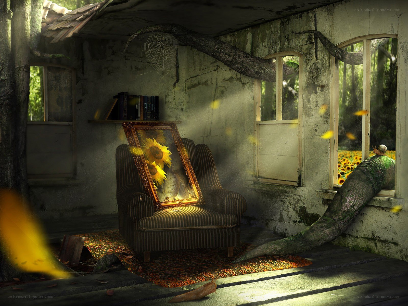 Abandoned room with sunflowers