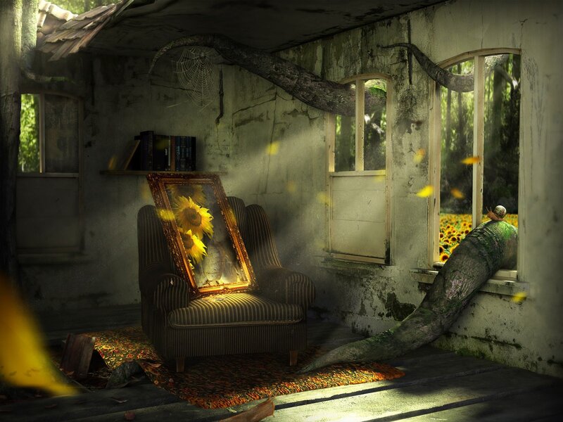 Abandoned room with sunflowers