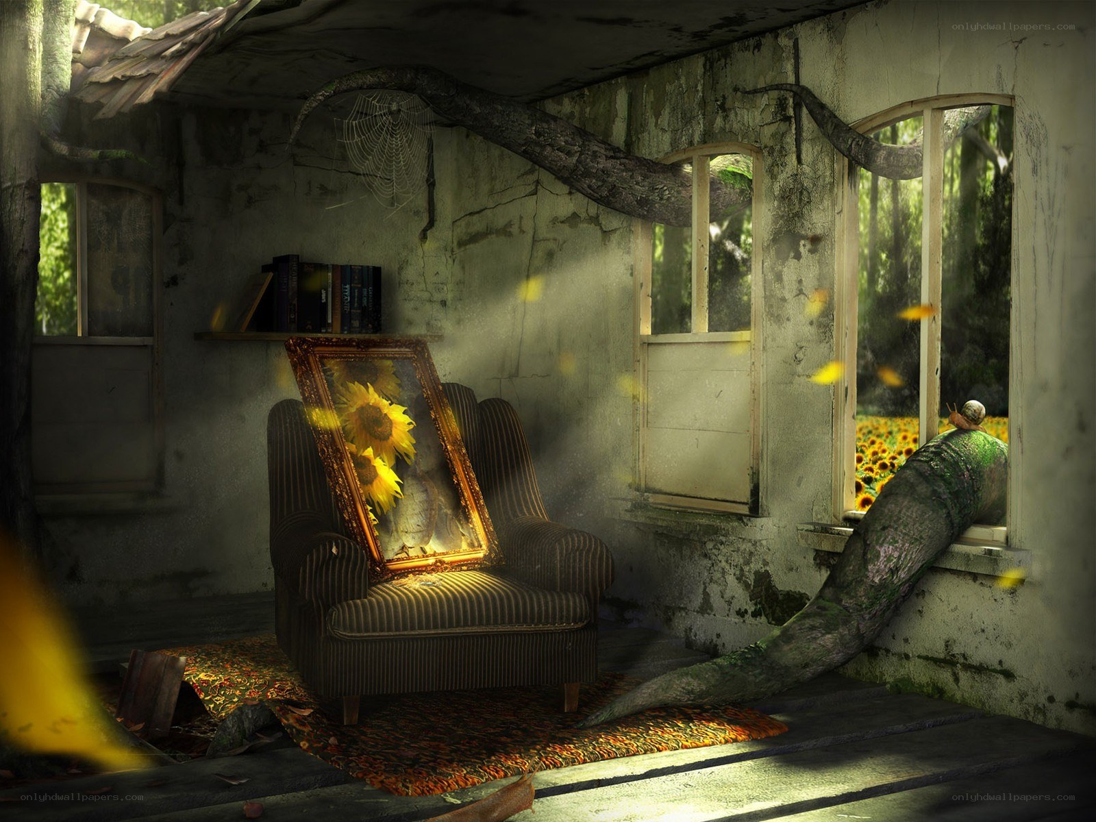 Abandoned room with sunflowers