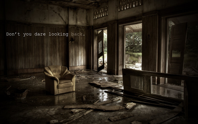 abandoned room with text