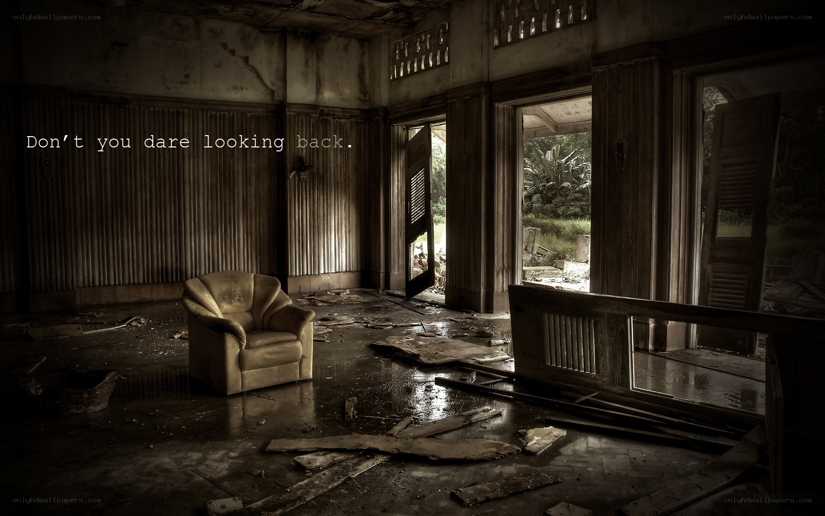 abandoned room with text