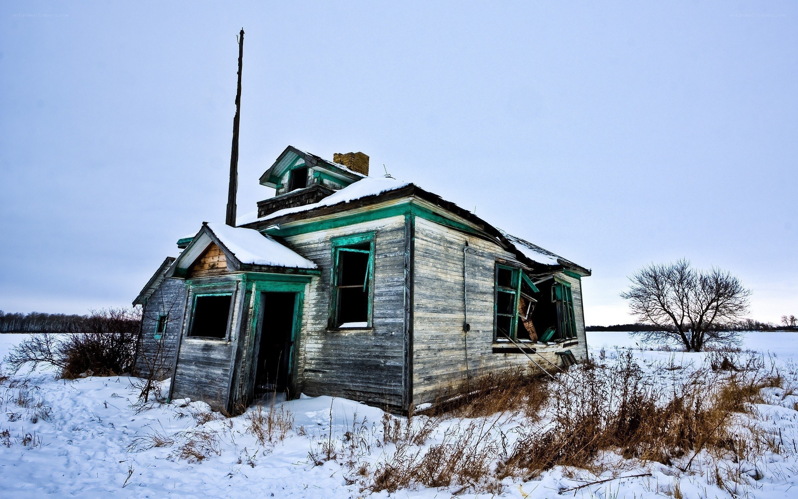 abandoned schoolhouse in winter