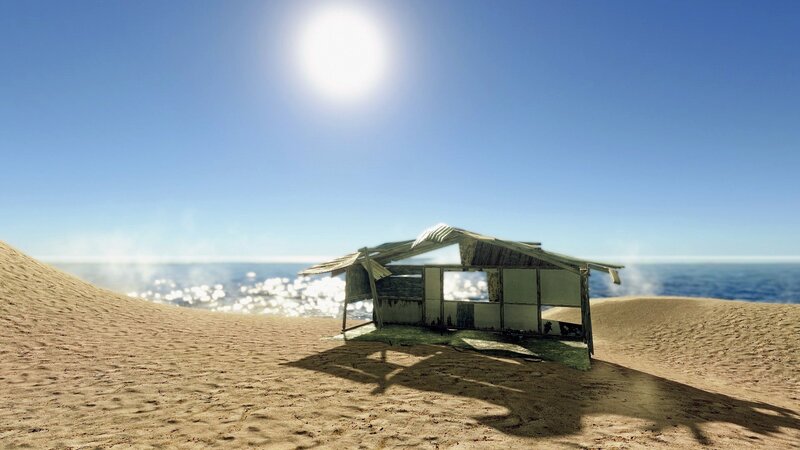 Abandoned shack on a desert beach