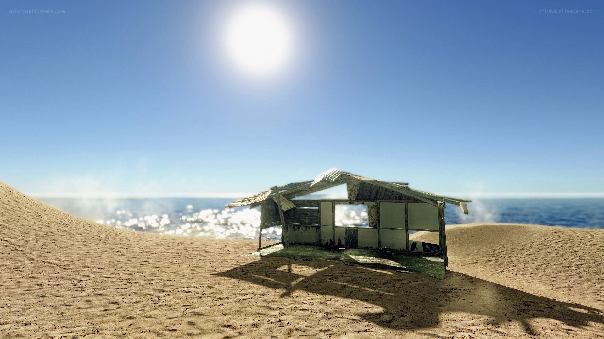 Abandoned shack on a desert beach