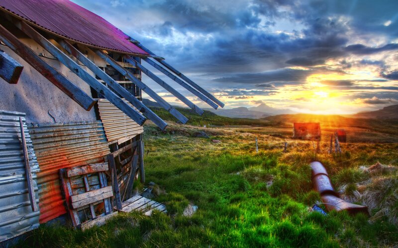 Abandoned Shed at Sunset — Green