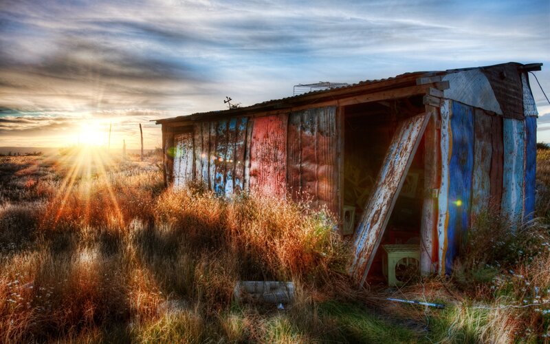Abandoned Shed in Field — Blue, Dramatic