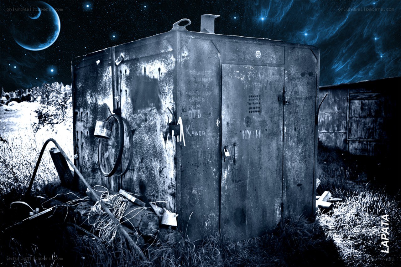 Abandoned shed under alien sky