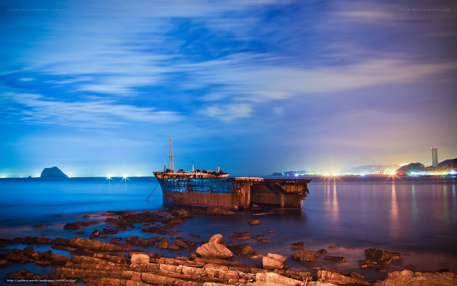 Abandoned ship at dusk