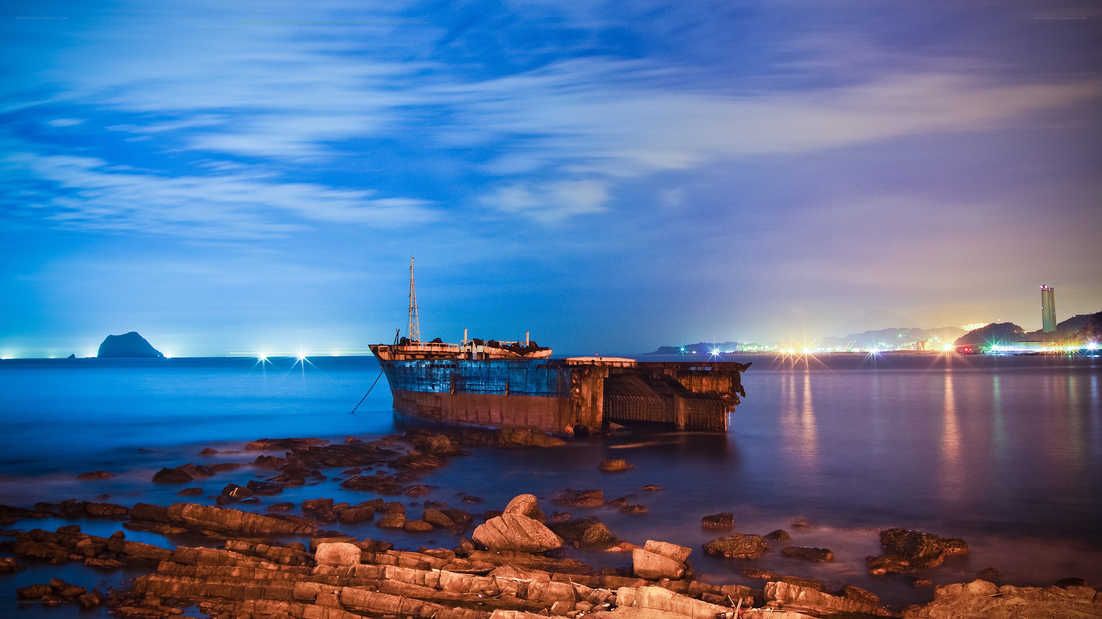Abandoned ship at night