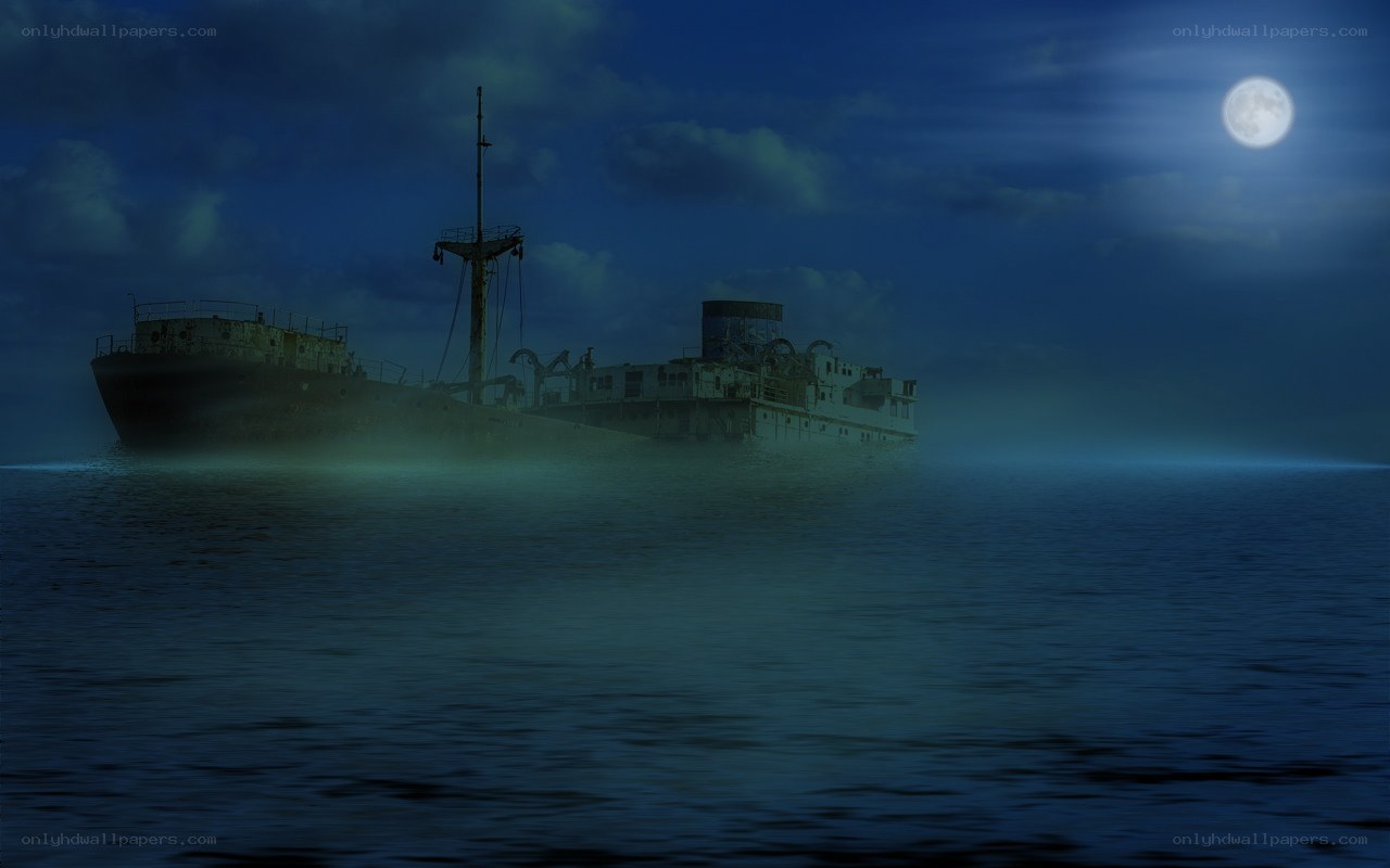 Abandoned ship at night