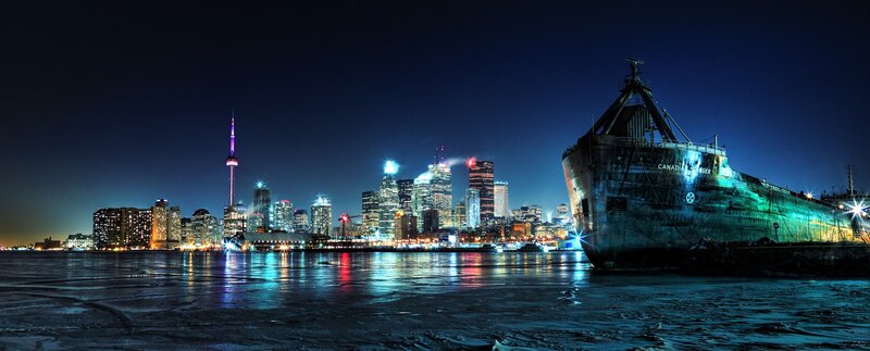 Abandoned Ship in Harbor — Blue, Dramatic, Night