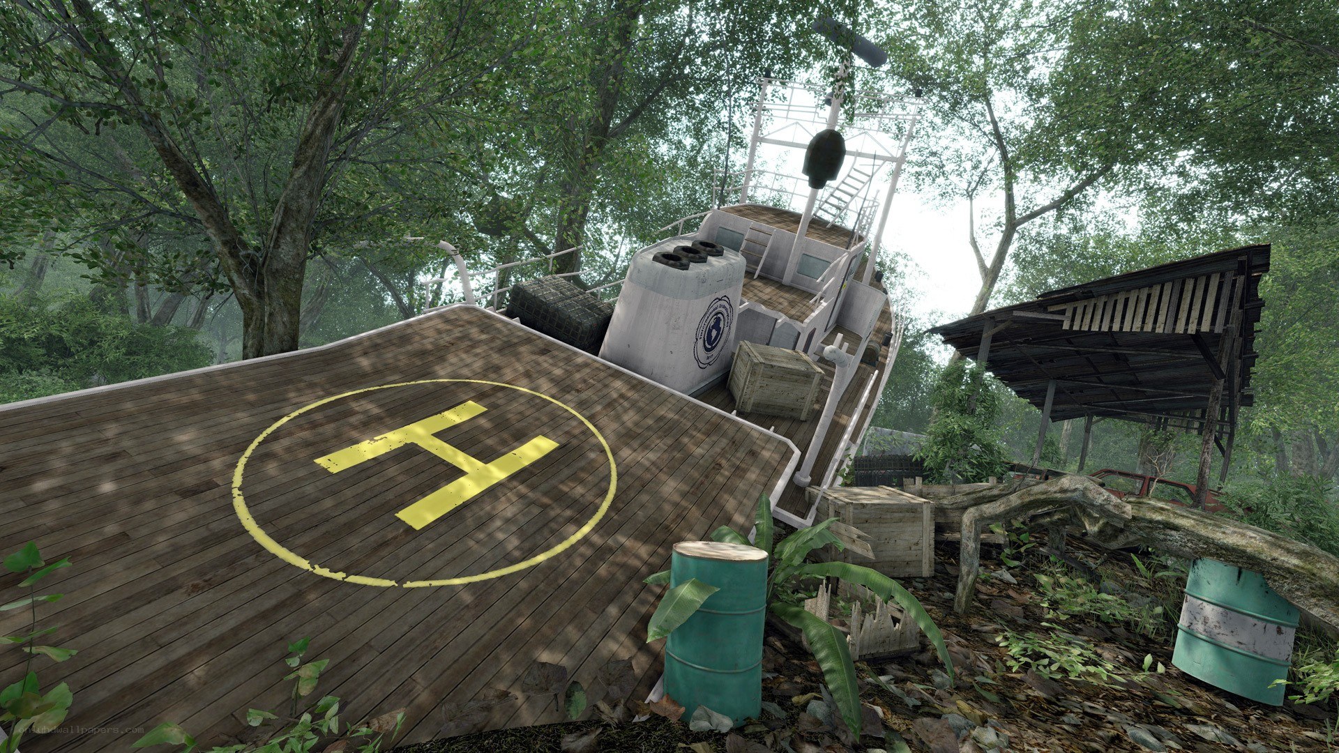 Abandoned ship in jungle