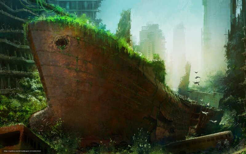 Abandoned ship in overgrown city