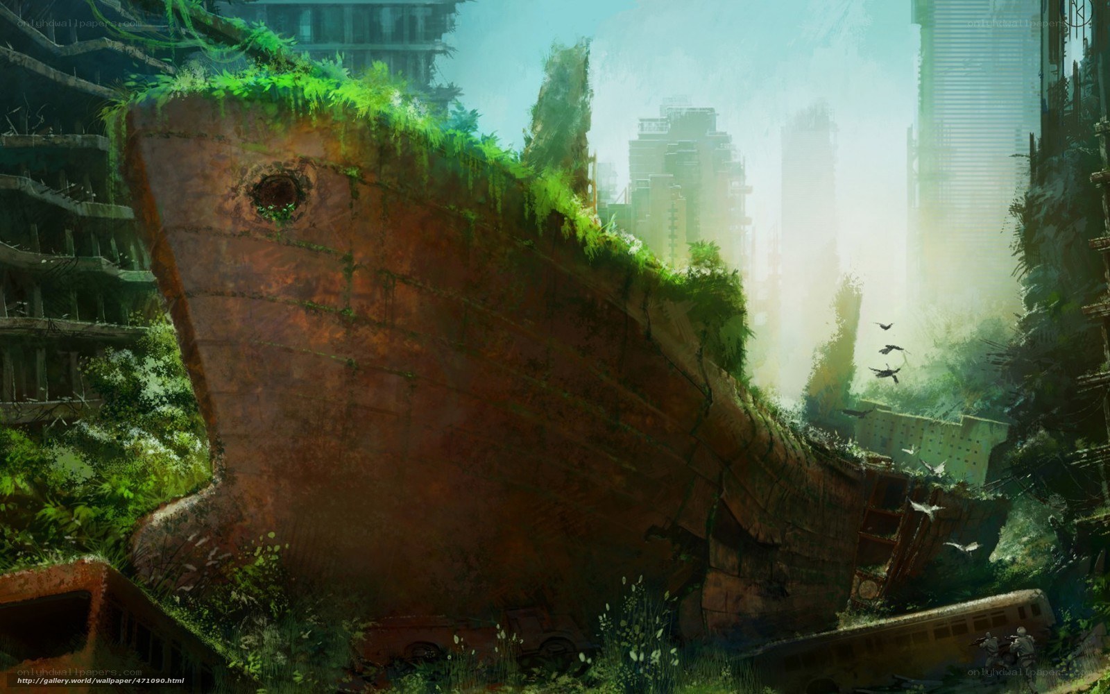 Abandoned ship in overgrown city