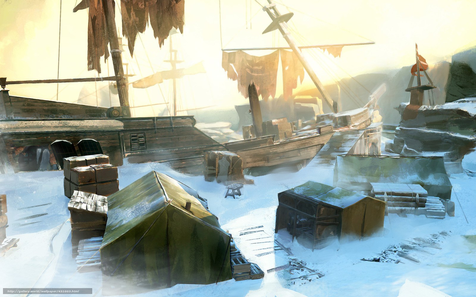 Abandoned ship in snowy port