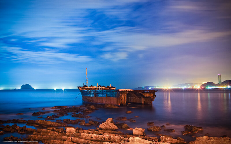 Abandoned Shipwreck — Blue, Dramatic, Night, Photograph