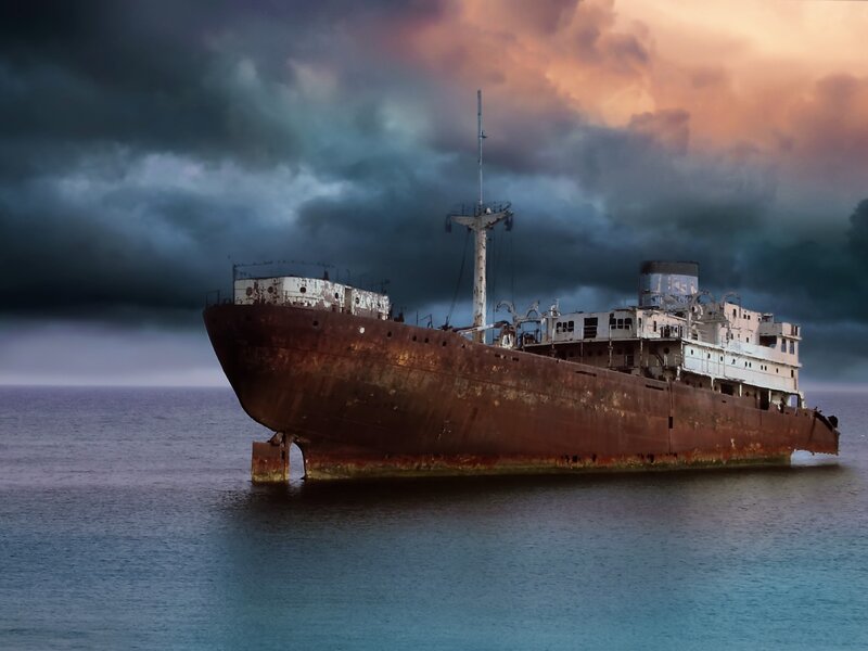 Abandoned Shipwreck — Blue, Dramatic, Sunset, Photograph
