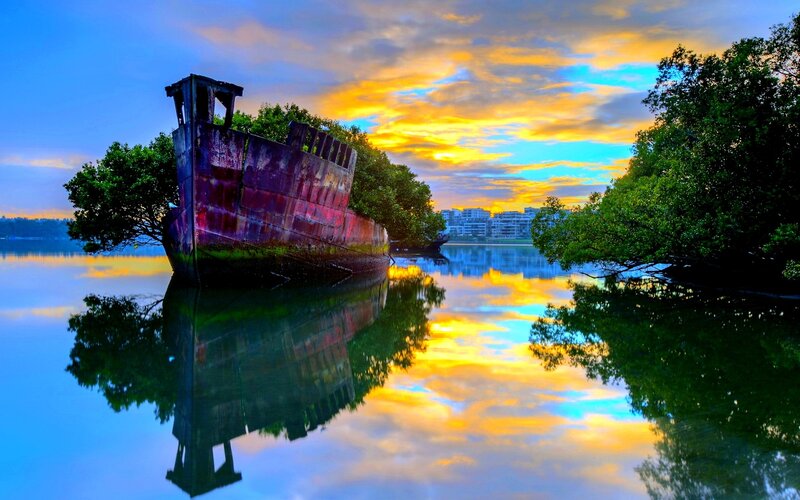 Abandoned Shipwreck — Blue, Dramatic, Sunset, Photograph, Trees