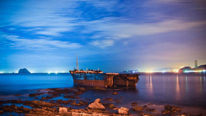 Abandoned Shipwreck — Blue, Serene, Night, Photograph