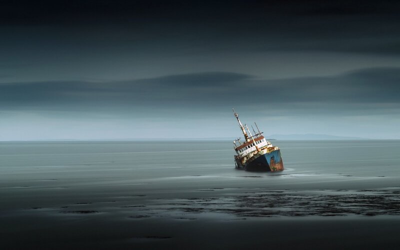 Abandoned Shipwreck — Gray, Dramatic, Photograph