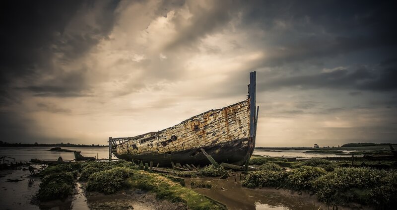 Abandoned Shipwreck — Gray, Dramatic, Sunset