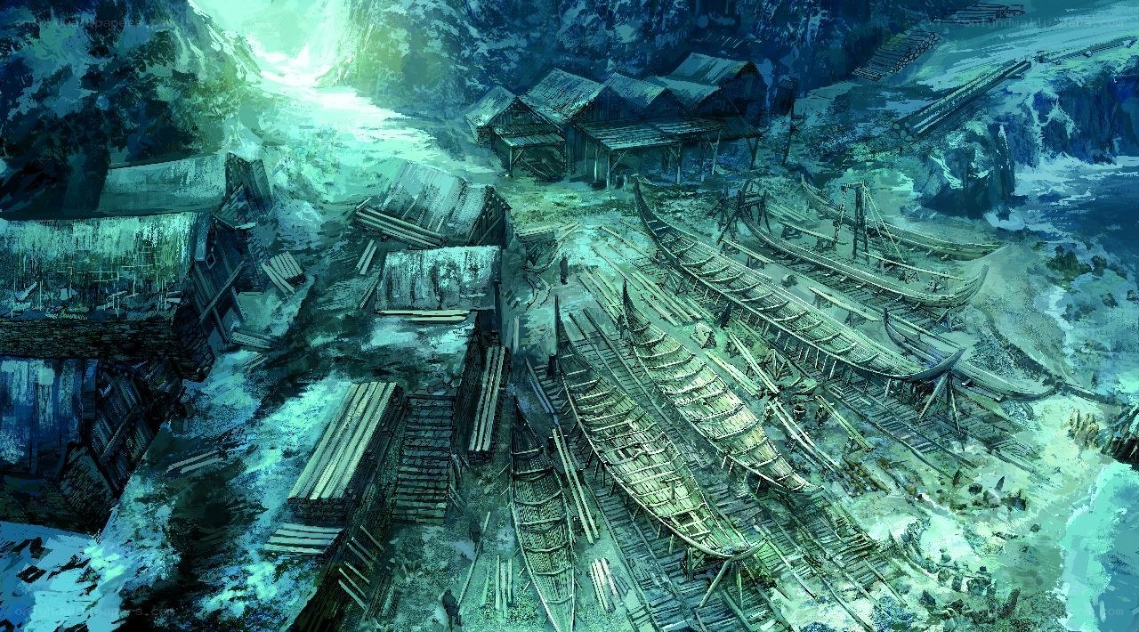 abandoned shipyard in snowy mountains