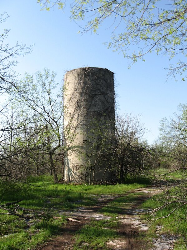 Abandoned silo in overgrown field
