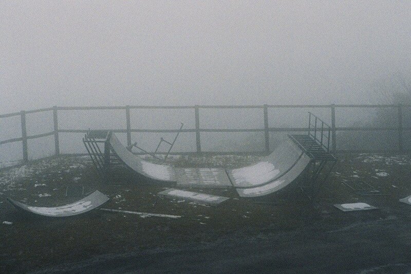 abandoned skate ramp in fog
