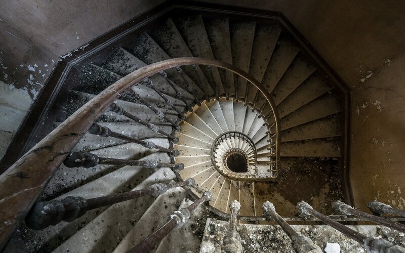 Abandoned Spiral Staircase — Brown, Dramatic, Photograph, Stairs