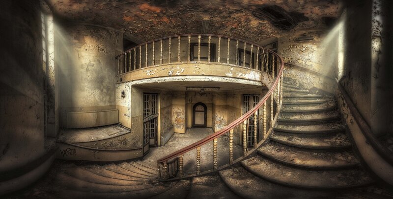 Abandoned Spiral Staircase — Brown, Dramatic, Photograph