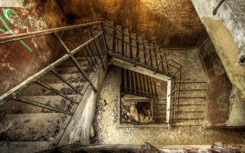 Abandoned Spiral Staircase — Brown, Dramatic