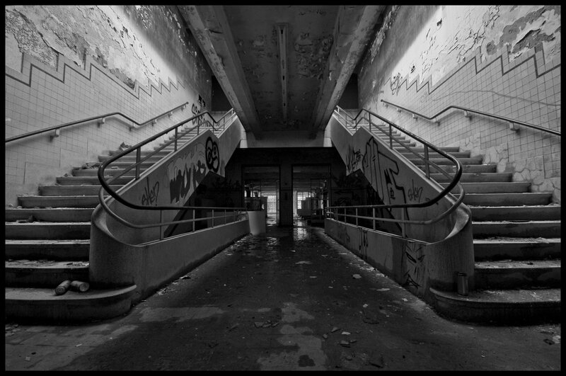 Abandoned Stairwell — Black, Desolate, Photograph