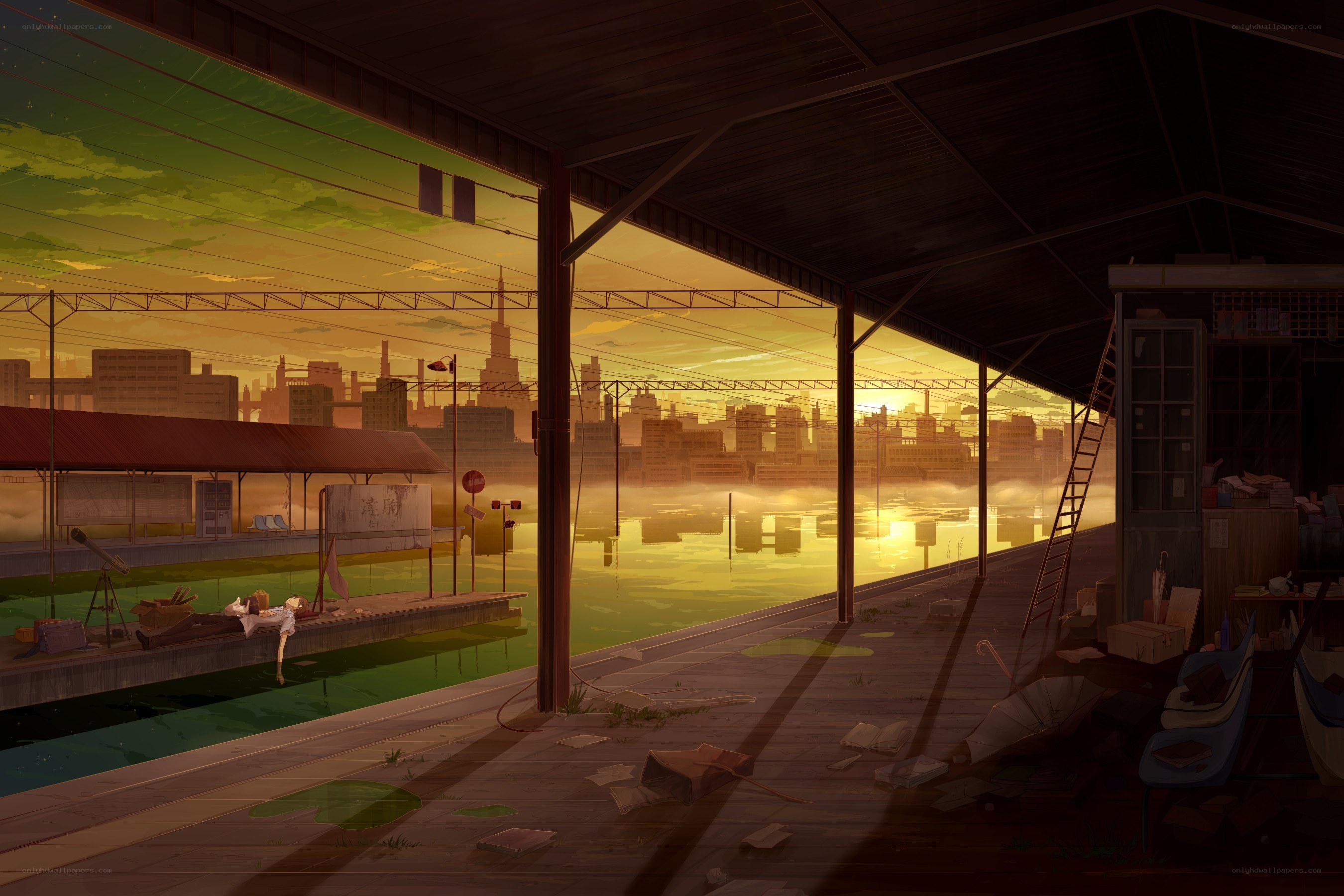 Abandoned station at sunset