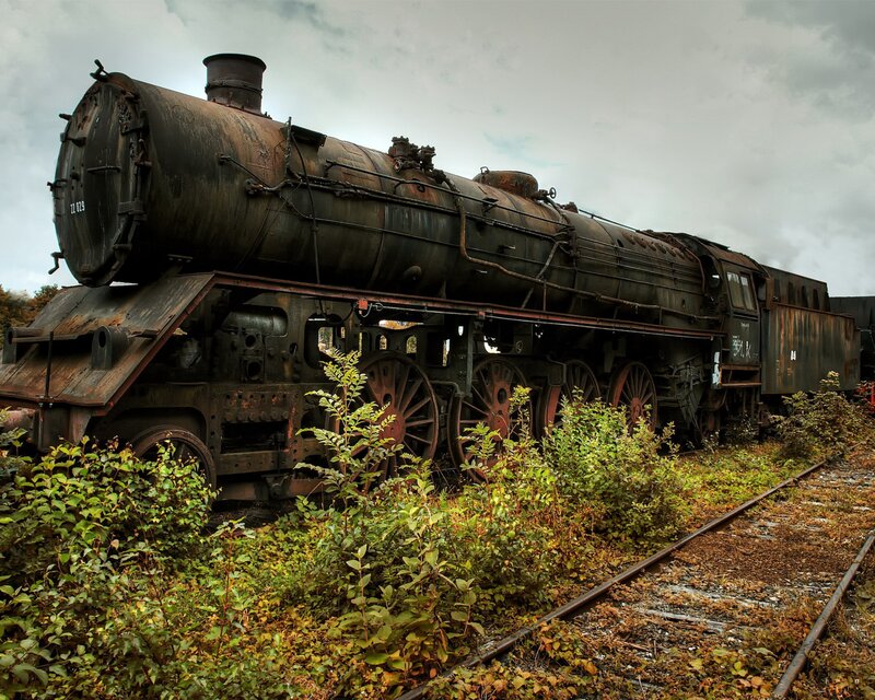 Abandoned Steam Locomotive — Green, Dramatic, Autumn, Photograph