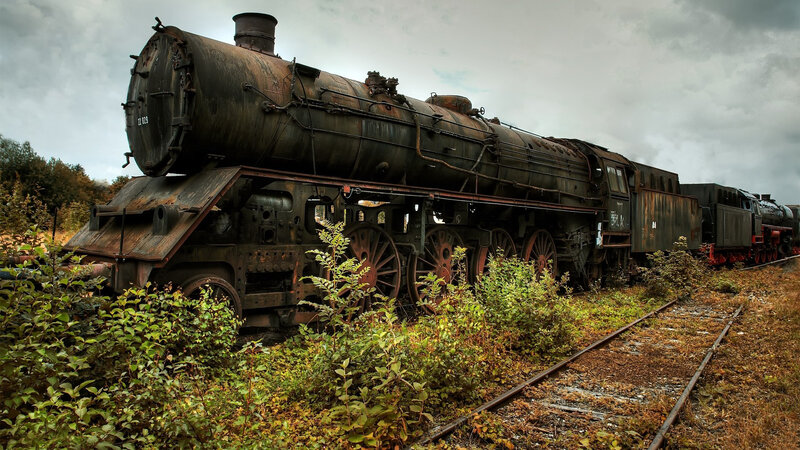 Abandoned Steam Locomotive — Green, Dramatic, Autumn