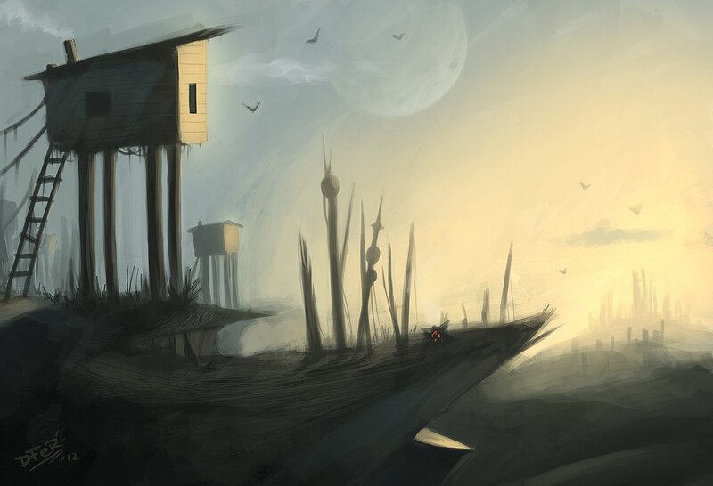 abandoned stilt house at dusk