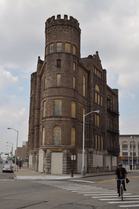 Abandoned stone building with tower