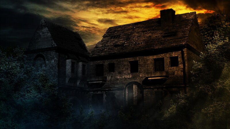 Abandoned Stone House — Black, Dramatic
