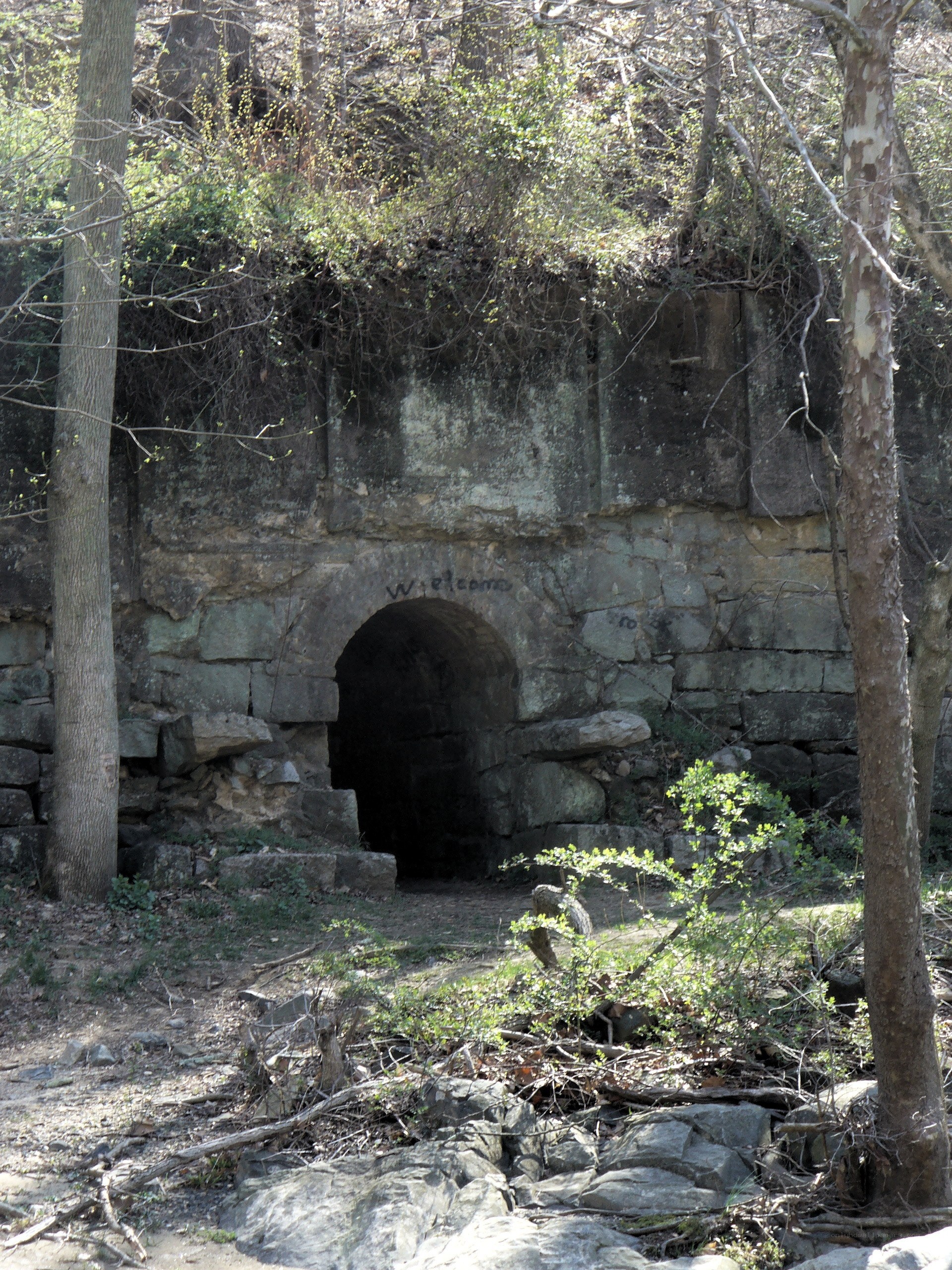 Abandoned stone tunnel in forest