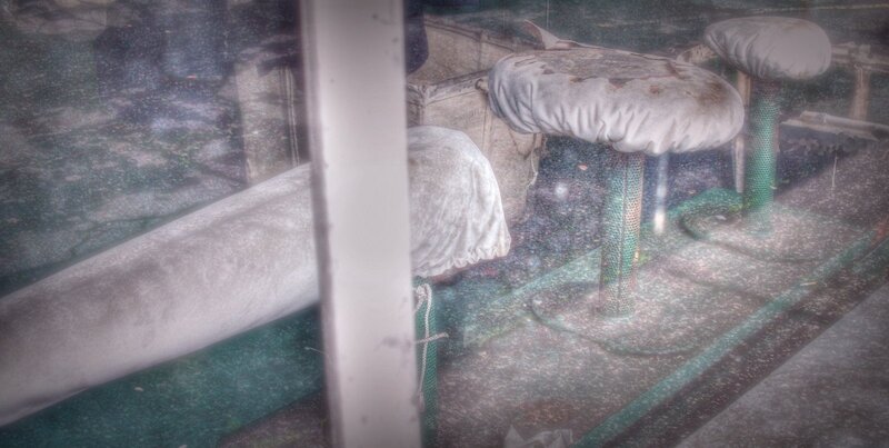 abandoned stools through glass