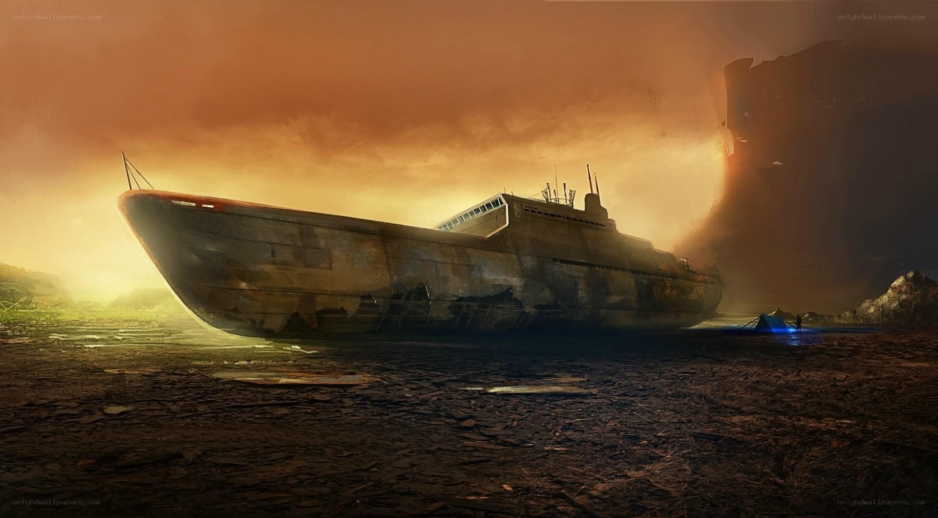 abandoned submarine at sunset
