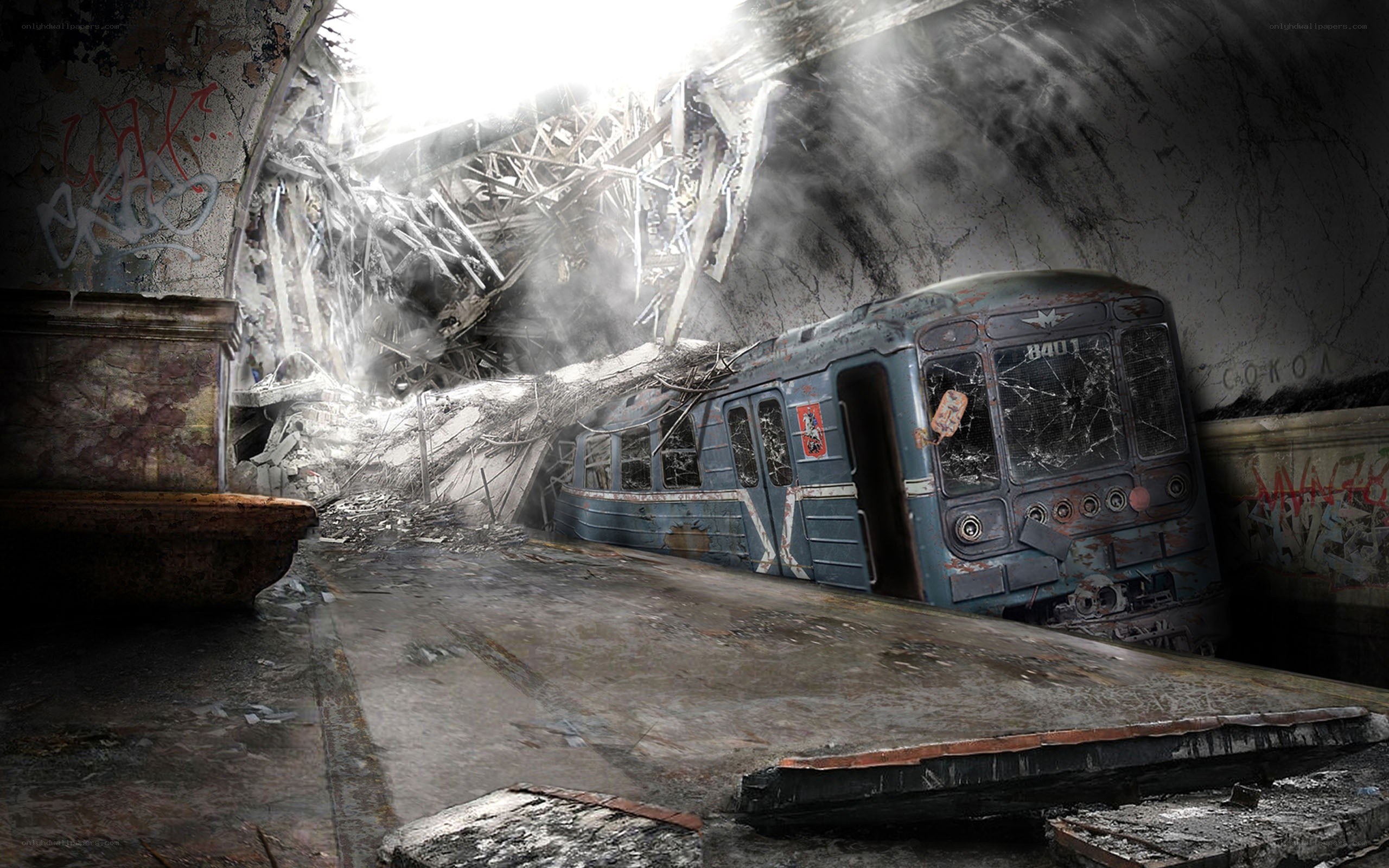 Abandoned subway train in collapsed tunnel