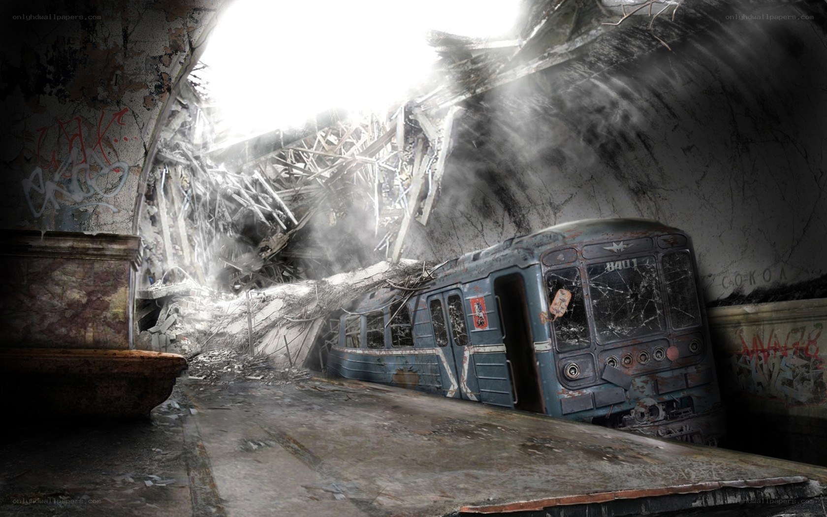 Abandoned subway train in collapsed tunnel