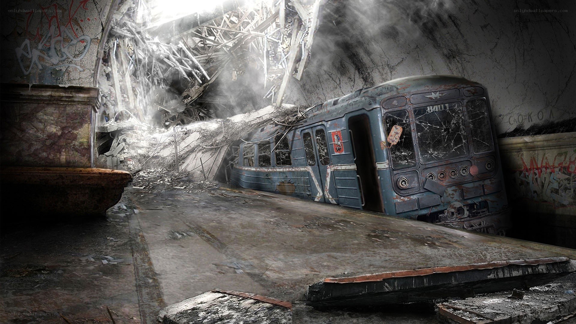 Abandoned subway train in ruin