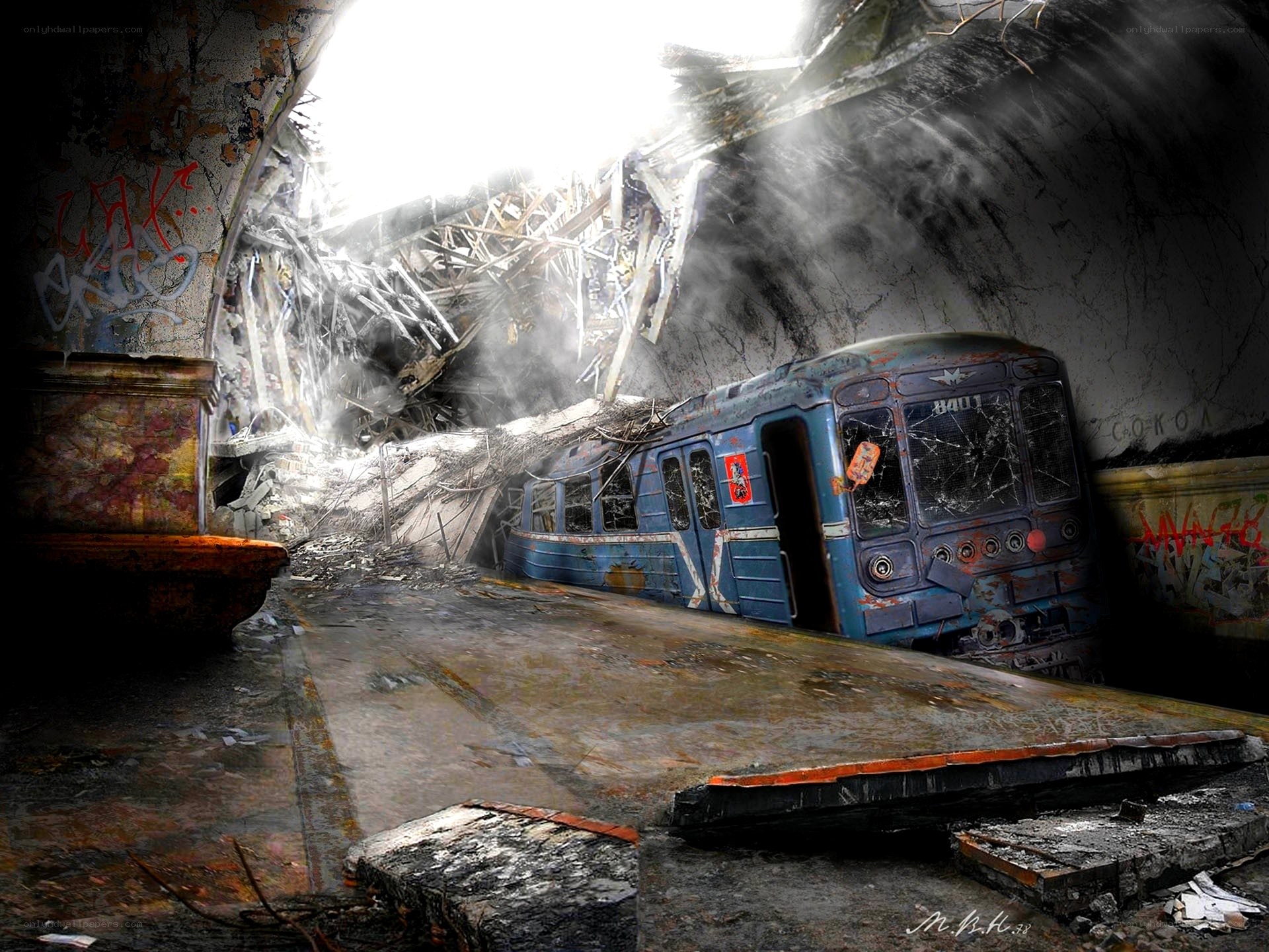 Abandoned subway train in ruin