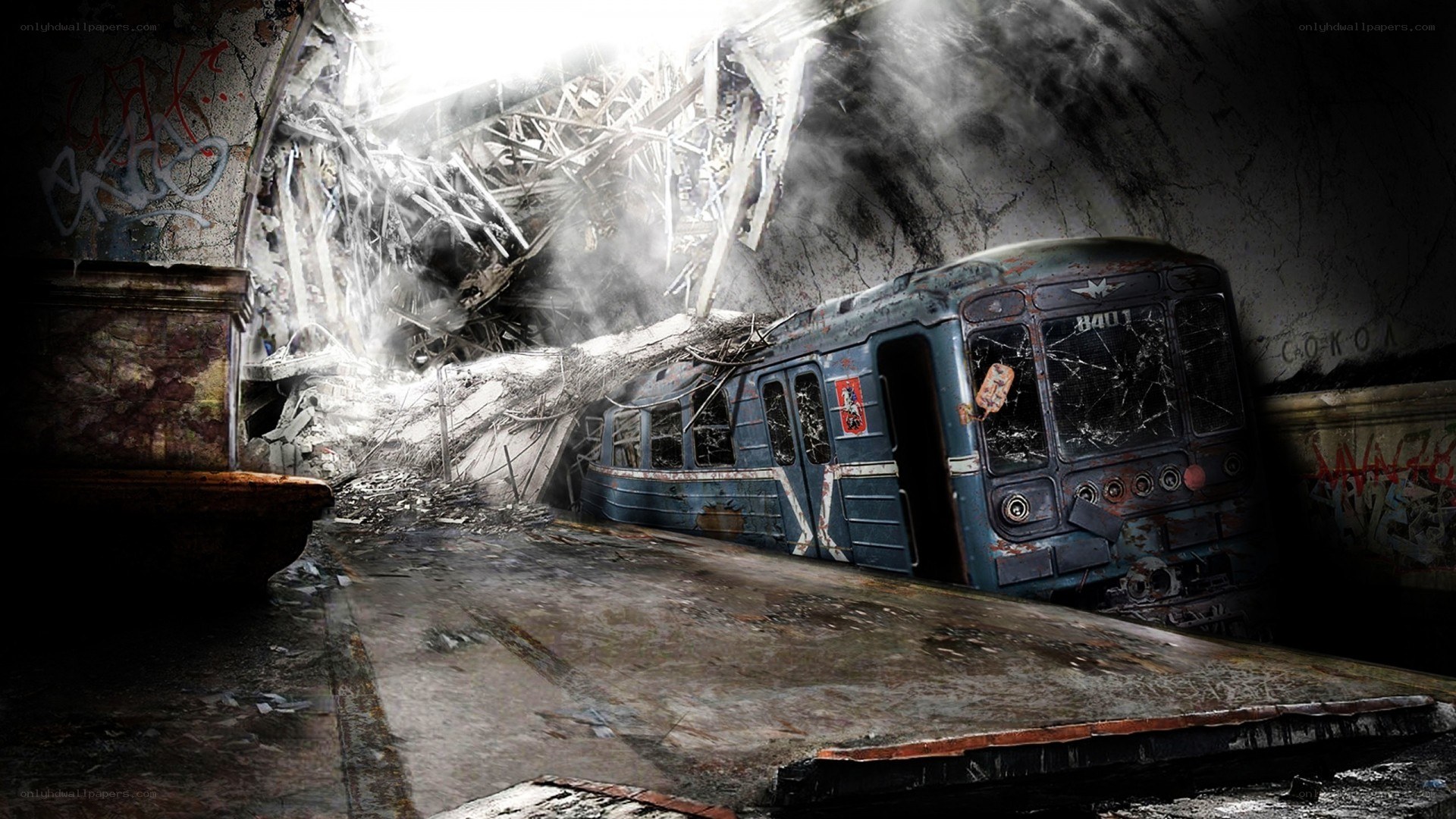 Abandoned subway train in ruin