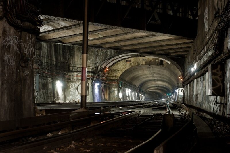 Abandoned Subway Tunnel — Gray, Dramatic, Night, Photograph