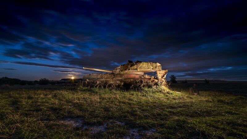 Abandoned Tank in Field — Blue