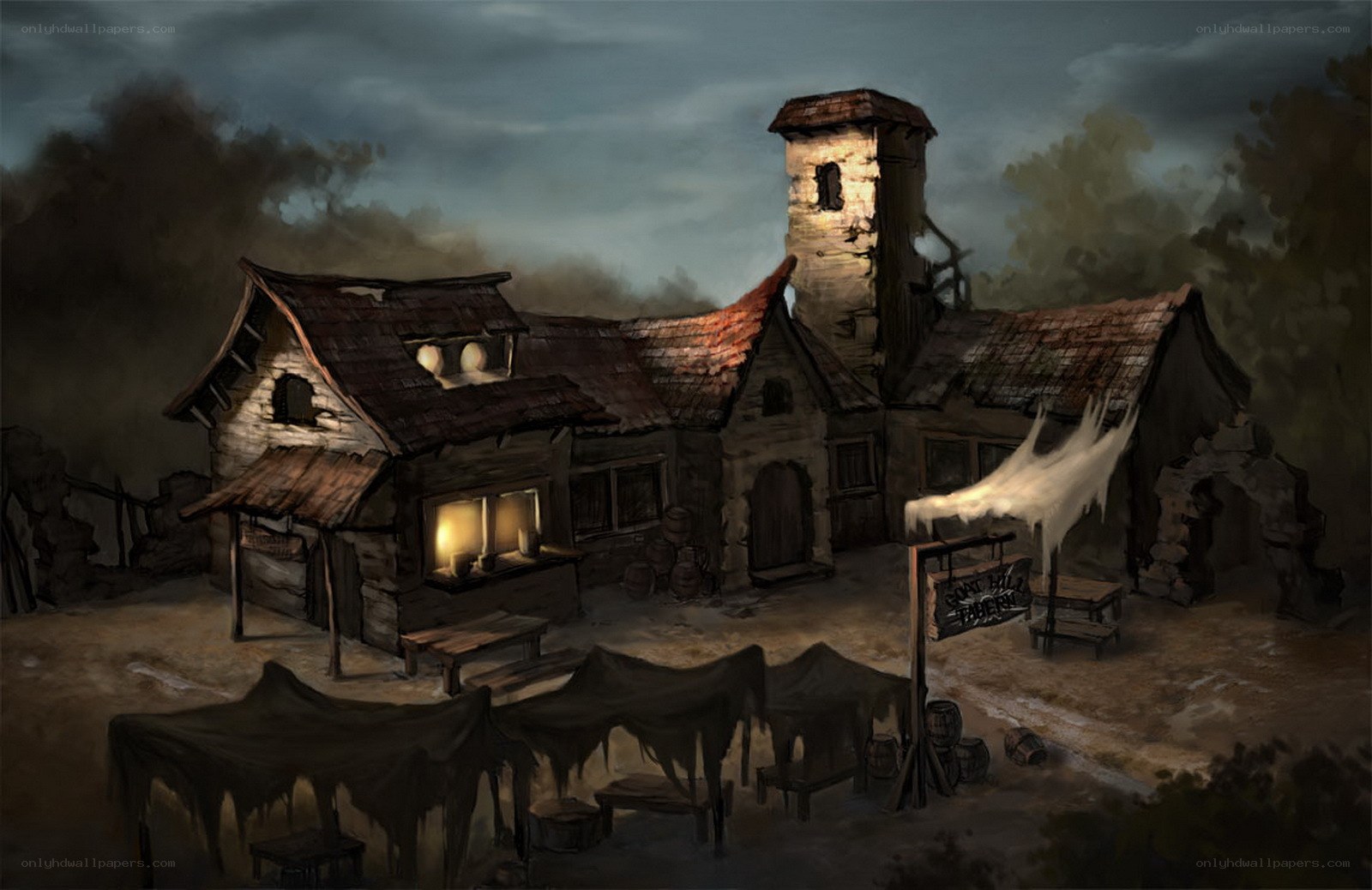 abandoned tavern at dusk